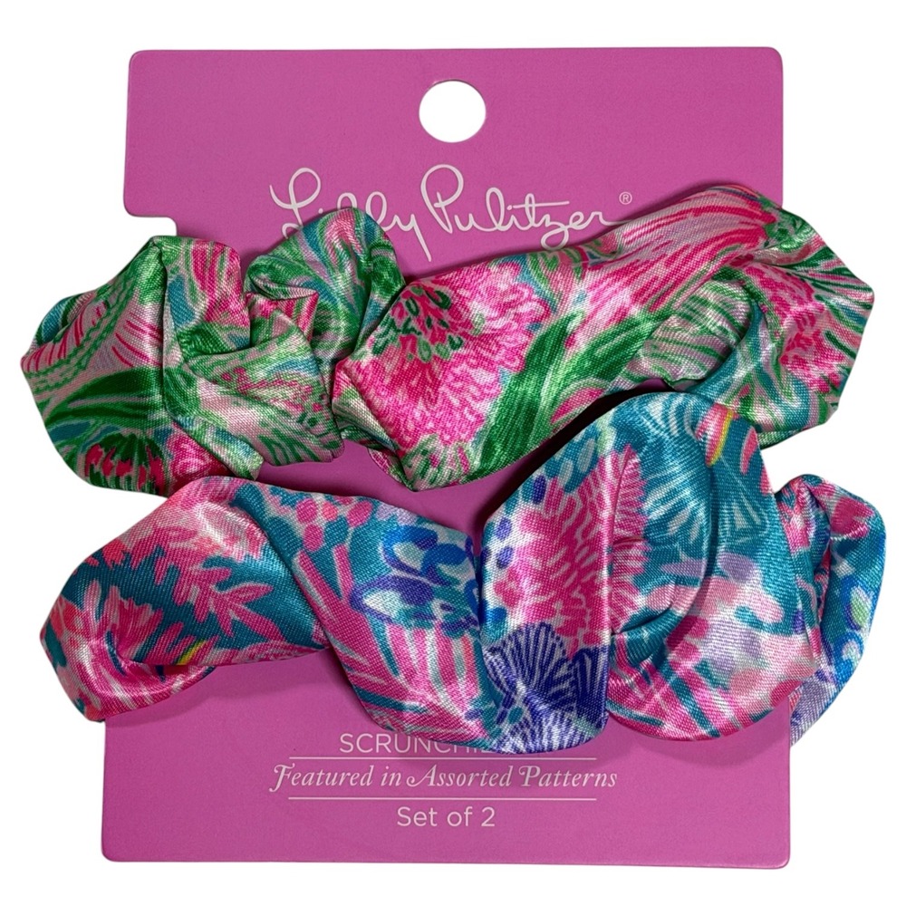 Lilly Pulitzer Satin Scrunchie Set of 2 Pink Green Blue Floral Hair Ties NWT‎